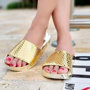 Women's Gold Metallic Open Toe Slip on Sandals